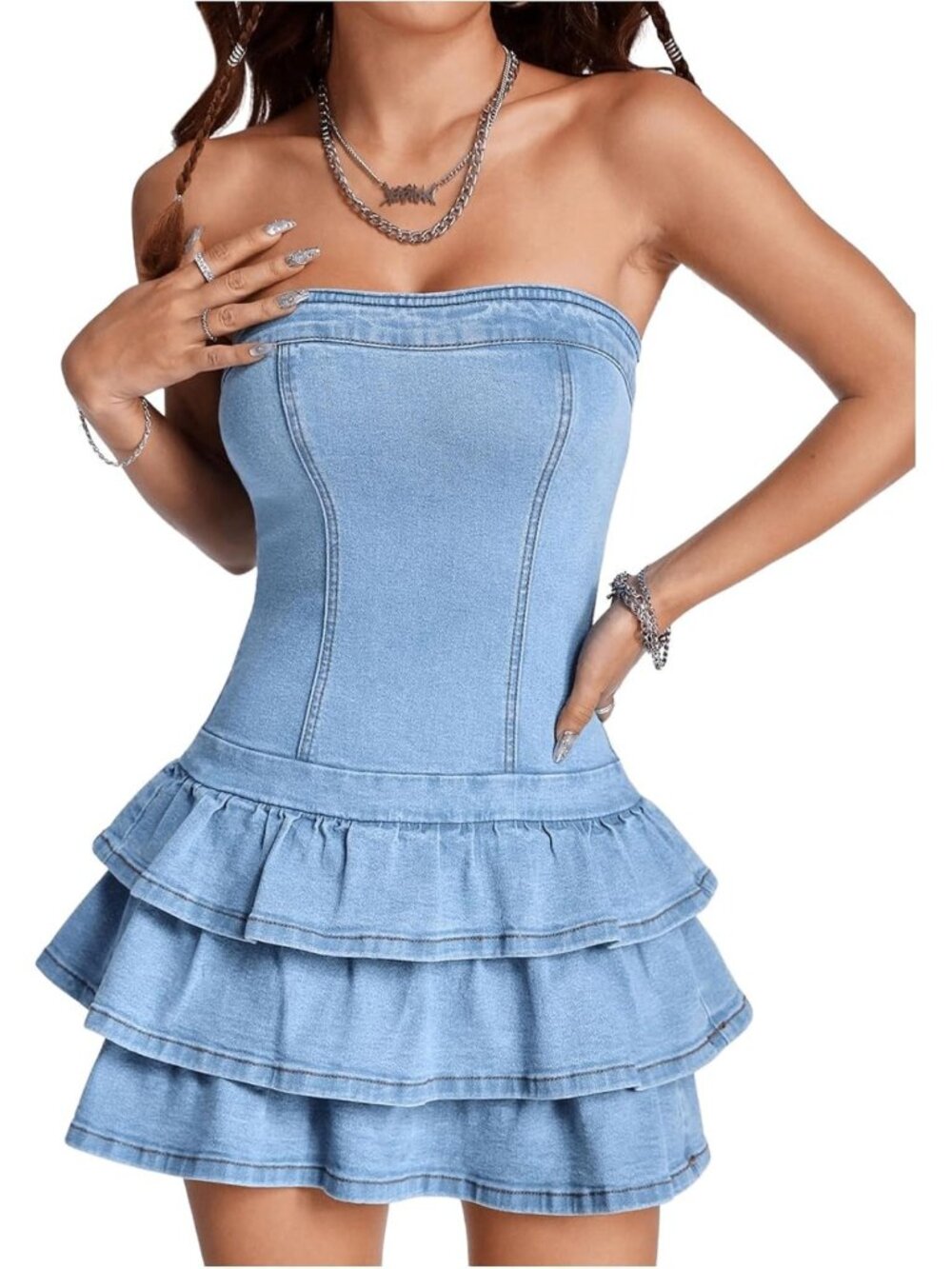Strapless Layered Ruffle Denim Mini Dress - Chic Bandeau Summer Style